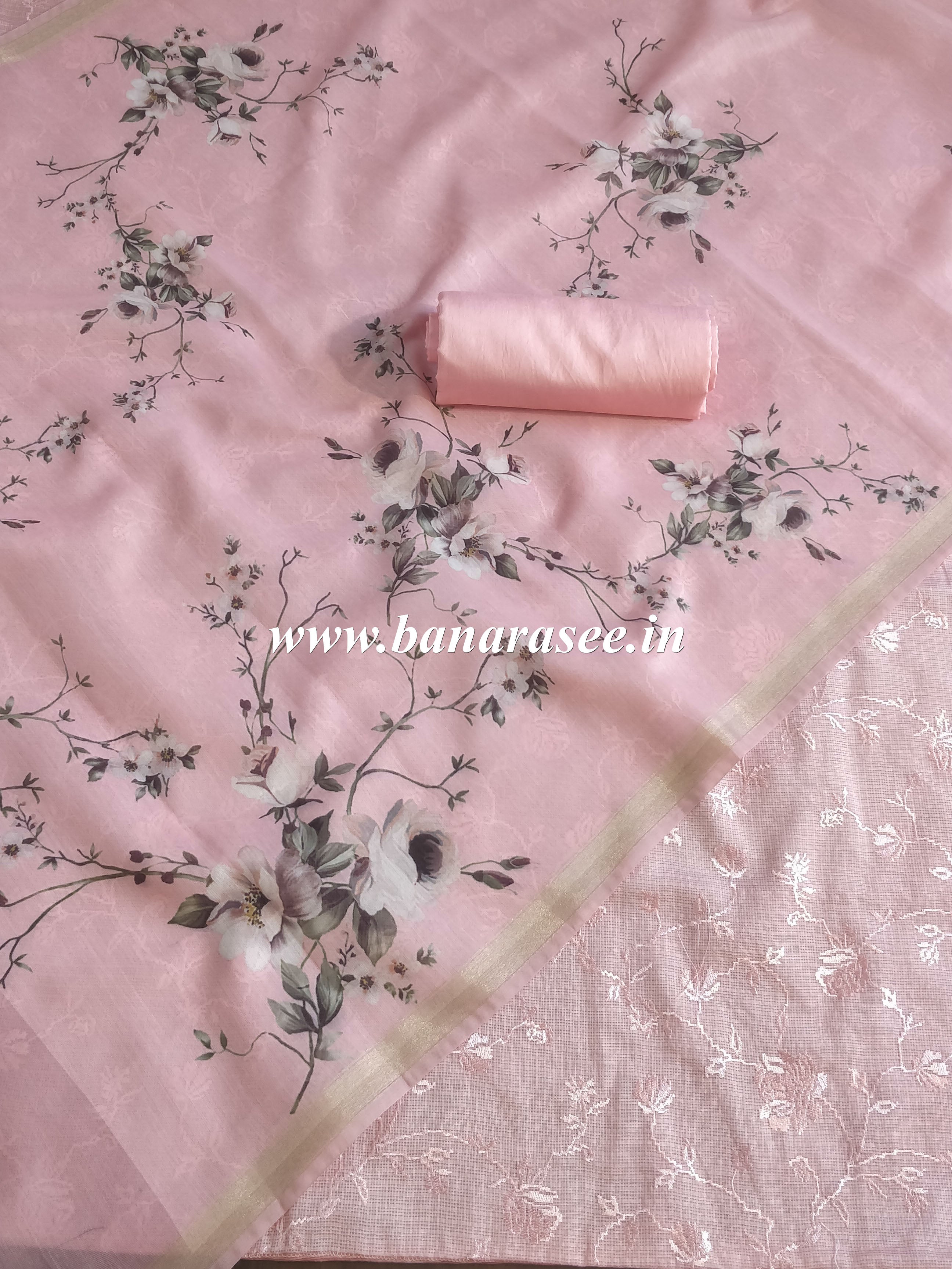 Banarasee Salwar Kameez Kota Checks Embroidered Fabric With  Digital Print Dupatta-Pink
