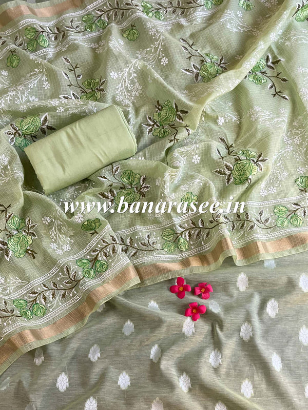 Banarasee Chanderi Cotton Salwar Kameez Fabric With Zari Work & Embroidered Dupatta-Green