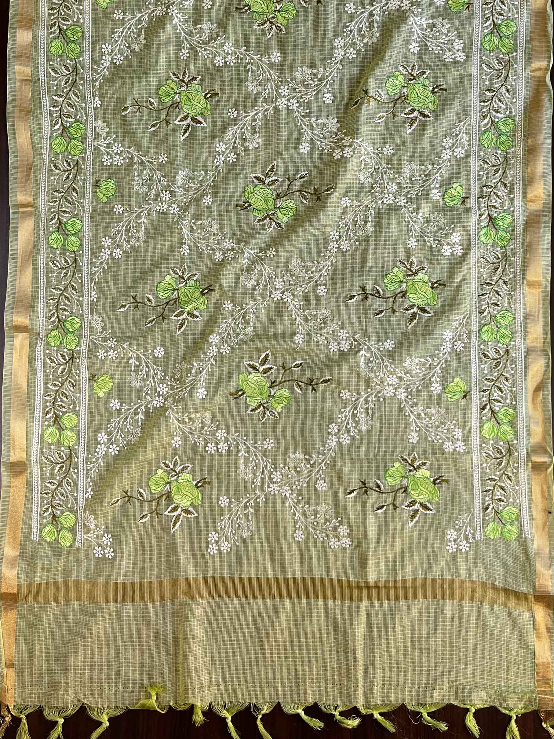 Banarasee Chanderi Cotton Salwar Kameez Fabric With Zari Work & Embroidered Dupatta-Green