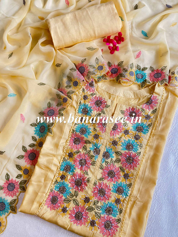 Banarasee Semi-Stitched Muslin Silk Handwork Salwar Kameez Set With Organza Cutwork Dupatta-Yellow