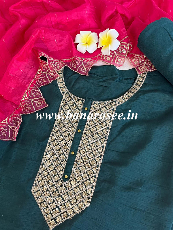 Banarasee Semi-Stitched Raw Silk Kameez With Sequins Work With Viscose Sequins Cutwork Dupatta-Deep Green & Pink