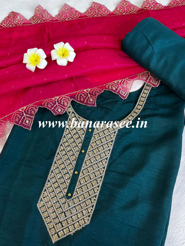 Banarasee Semi-Stitched Raw Silk Kameez With Sequins Work With Viscose Sequins Cutwork Dupatta-Deep Green & Pink