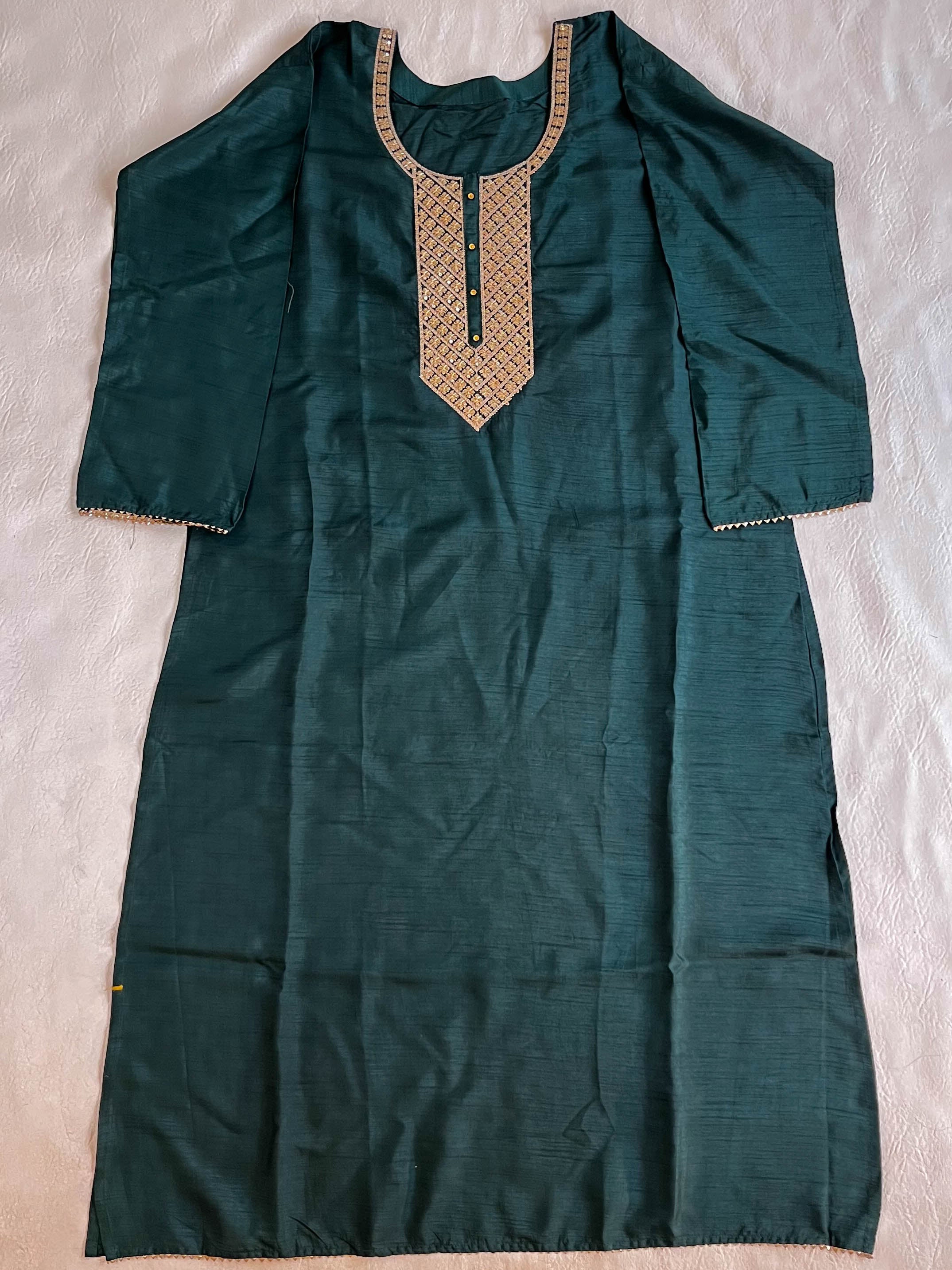 Banarasee Semi-Stitched Raw Silk Kameez With Sequins Work With Viscose Sequins Cutwork Dupatta-Deep Green & Pink