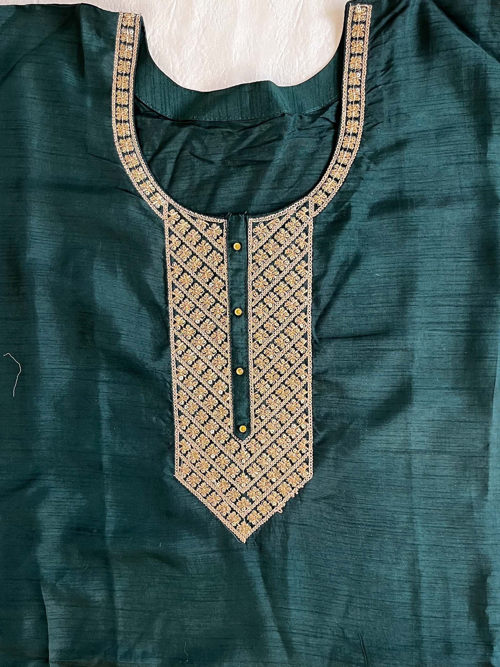 Banarasee Semi-Stitched Raw Silk Kameez With Sequins Work With Viscose Sequins Cutwork Dupatta-Deep Green & Pink