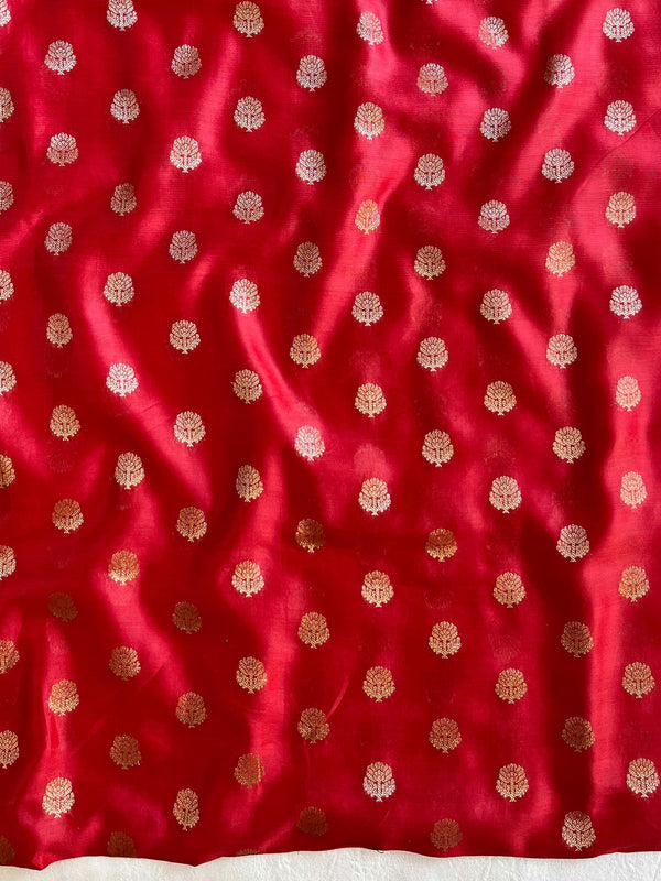 Banarasee Pure Chanderi Silk Zari Buti Salwar Kameez Set-Beige & Red