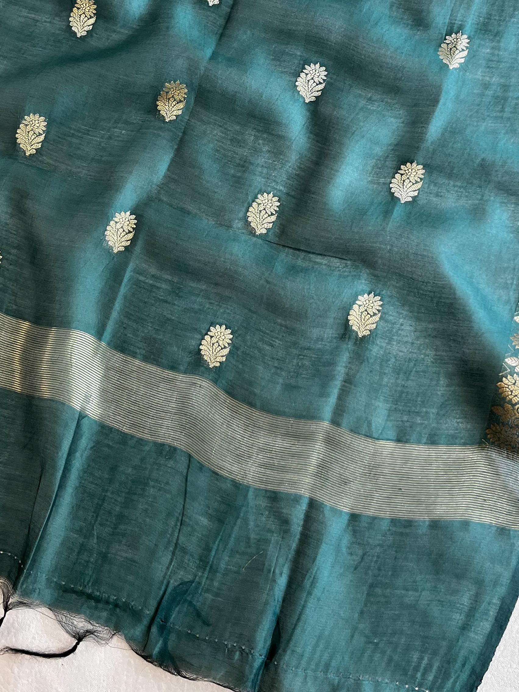 Banarasee Pure Chanderi Silk Zari Buti Salwar Kameez Set-Pink & Green