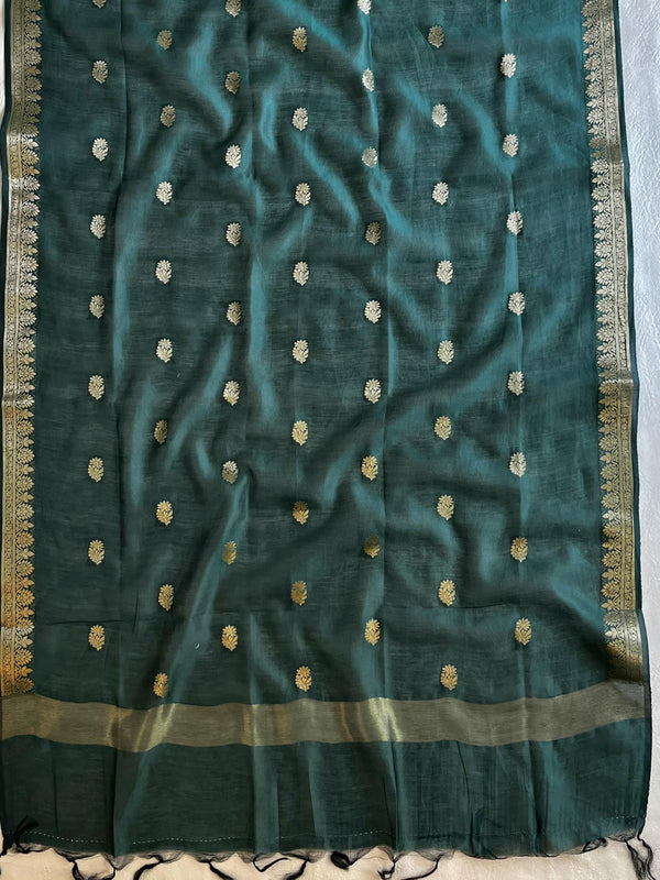 Banarasee Pure Chanderi Silk Zari Buti Salwar Kameez Set-Pink & Green