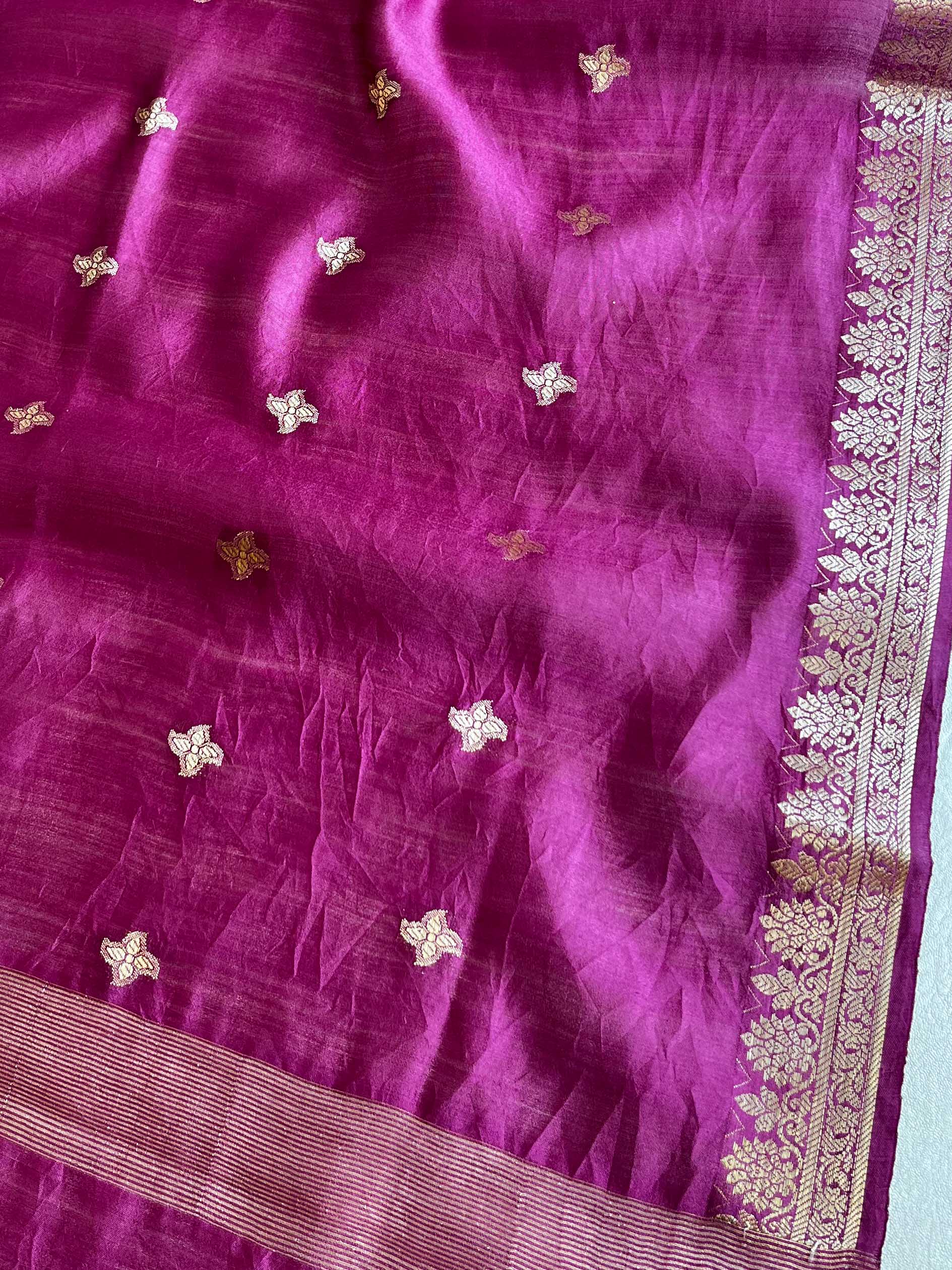 Banarasee Pure Chinia Silk Zari Buti Salwar Kameez Set-Violet & Green