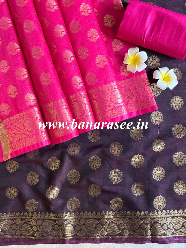 Banarasee Chanderi Cotton Salwar Kameez Fabric With Antique Zari & Contrast Dupatta-Brown & Pink