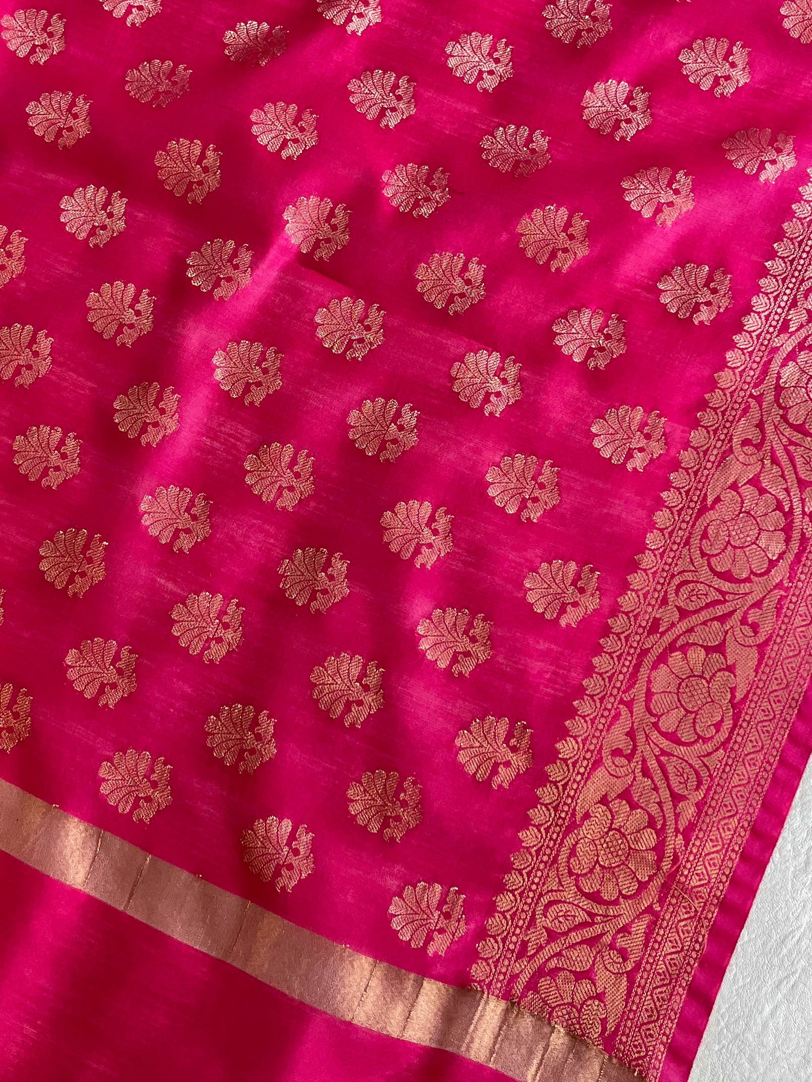 Banarasee Chanderi Cotton Salwar Kameez Fabric With Antique Zari & Contrast Dupatta-Brown & Pink