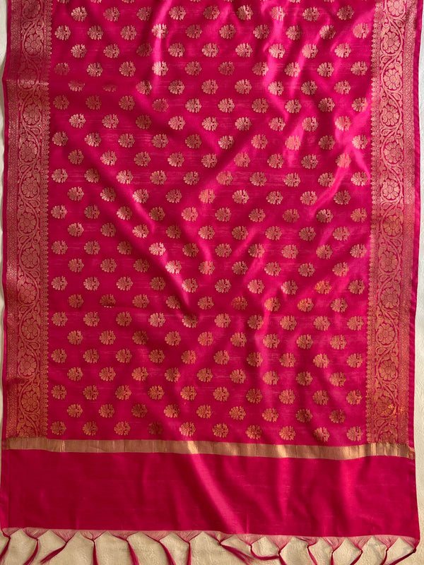 Banarasee Chanderi Cotton Salwar Kameez Fabric With Antique Zari & Contrast Dupatta-Brown & Pink