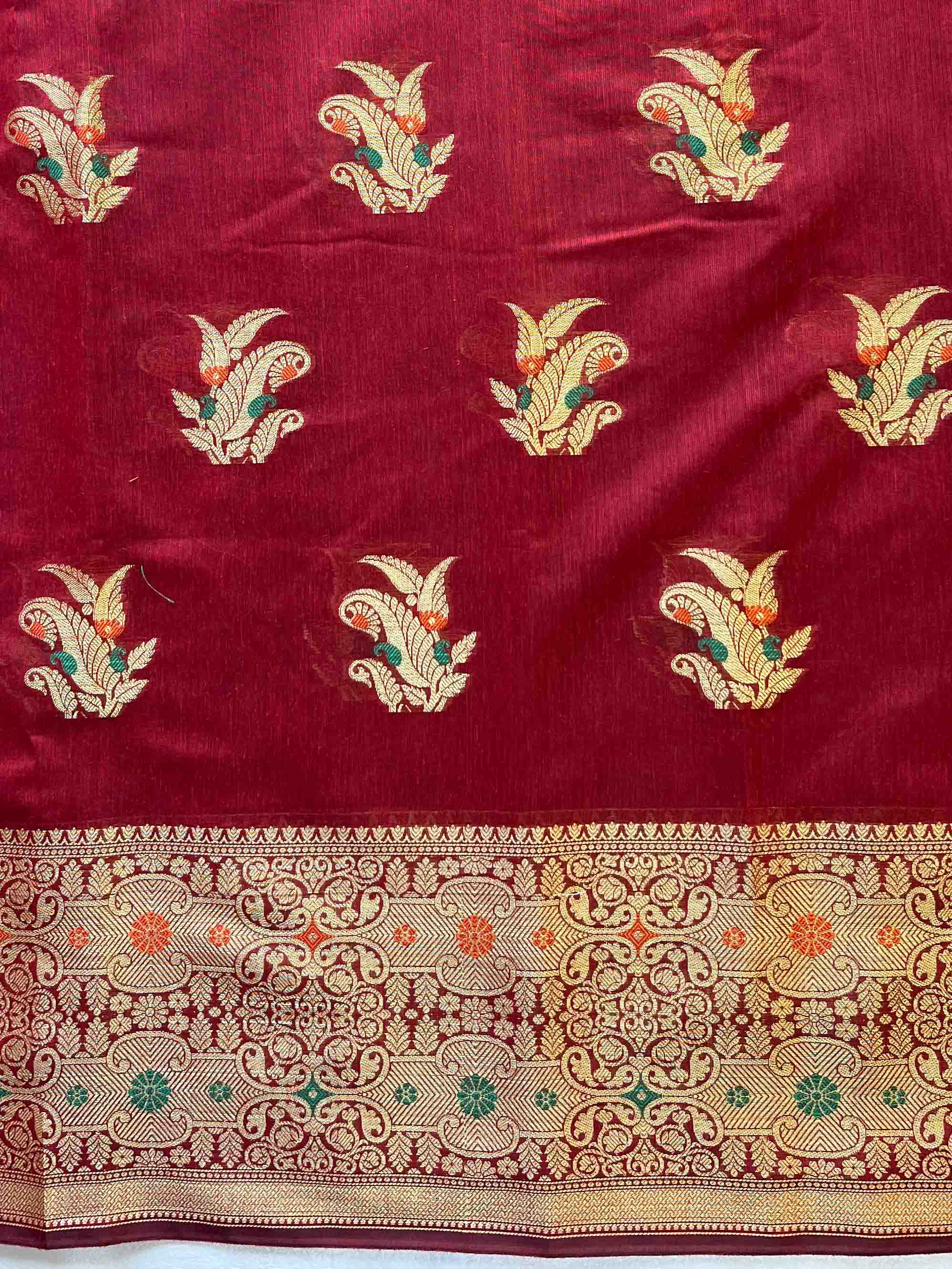 Banarasee Chanderi Cotton Salwar Kameez Fabric With Dupatta Zari Buta Design- Maroon