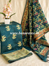 Banarasee Chanderi Cotton Salwar Kameez Fabric With Dupatta Zari Buta Design- Dark Green