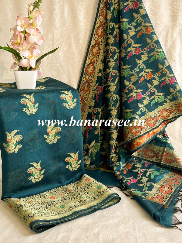 Banarasee Chanderi Cotton Salwar Kameez Fabric With Dupatta Zari Buta Design- Dark Green