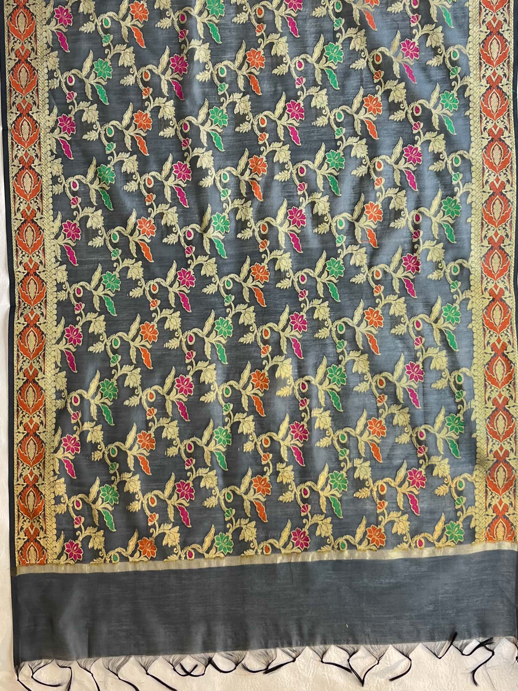 Banarasee Chanderi Cotton Salwar Kameez Fabric With Dupatta Zari Buta Design- Dark Green