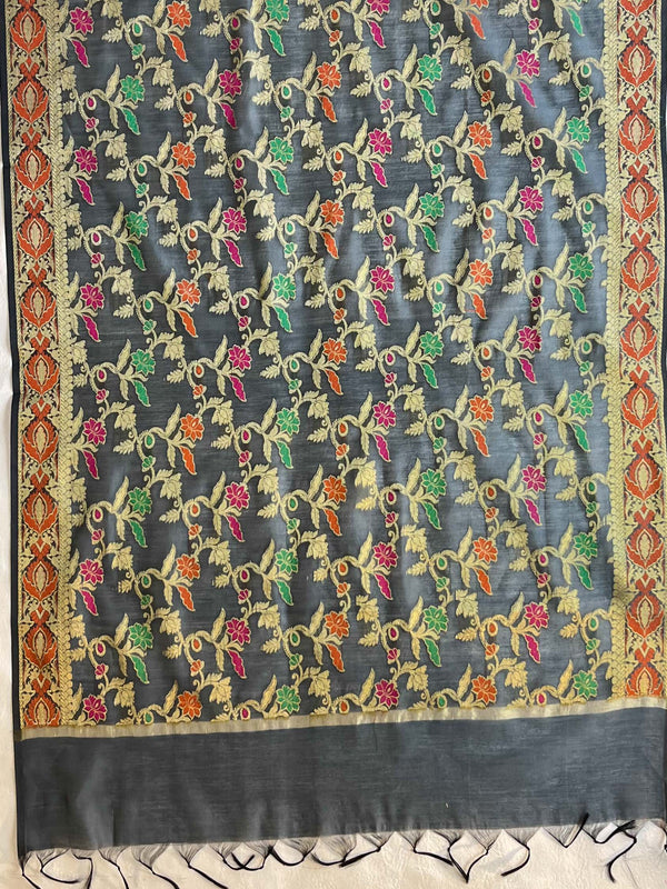 Banarasee Chanderi Cotton Salwar Kameez Fabric With Dupatta Zari Buta Design- Dark Green