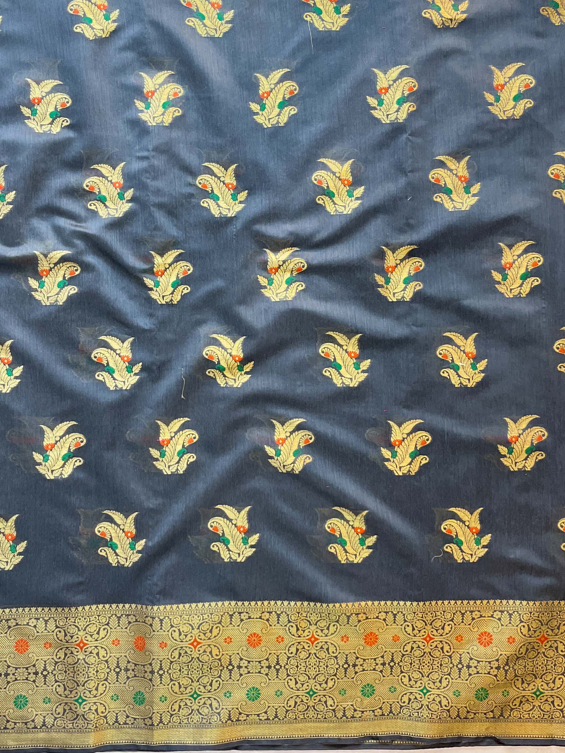 Banarasee Chanderi Cotton Salwar Kameez Fabric With Dupatta Zari Buta Design- Dark Green