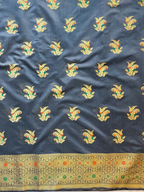 Banarasee Chanderi Cotton Salwar Kameez Fabric With Dupatta Zari Buta Design- Dark Green
