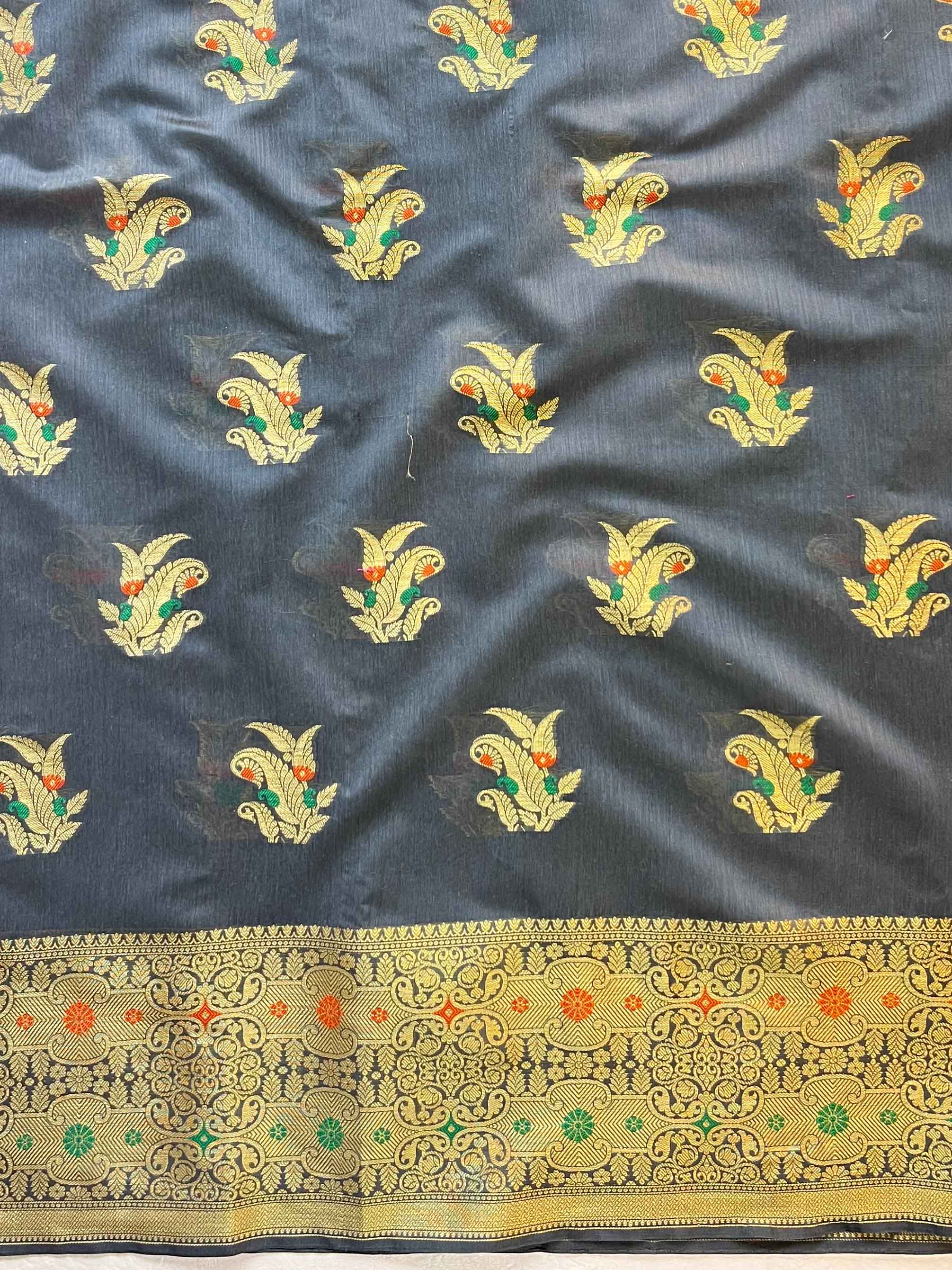 Banarasee Chanderi Cotton Salwar Kameez Fabric With Dupatta Zari Buta Design- Dark Green