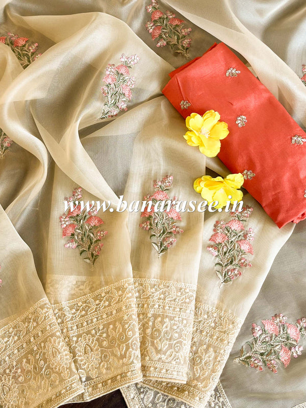 Banarasee Handwoven Organza Silk Floral Embroidery Saree With Contrast Silk Blouse-Fawn & Peach