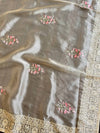 Banarasee Handwoven Organza Silk Floral Embroidery Saree With Contrast Silk Blouse-Fawn & Peach