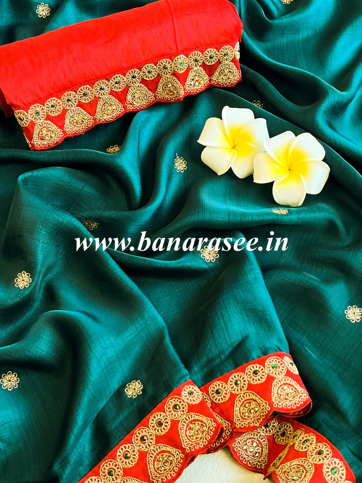 Banarasee Raw Silk Saree With Embroidered Motif Border & Silk Blouse-Green
