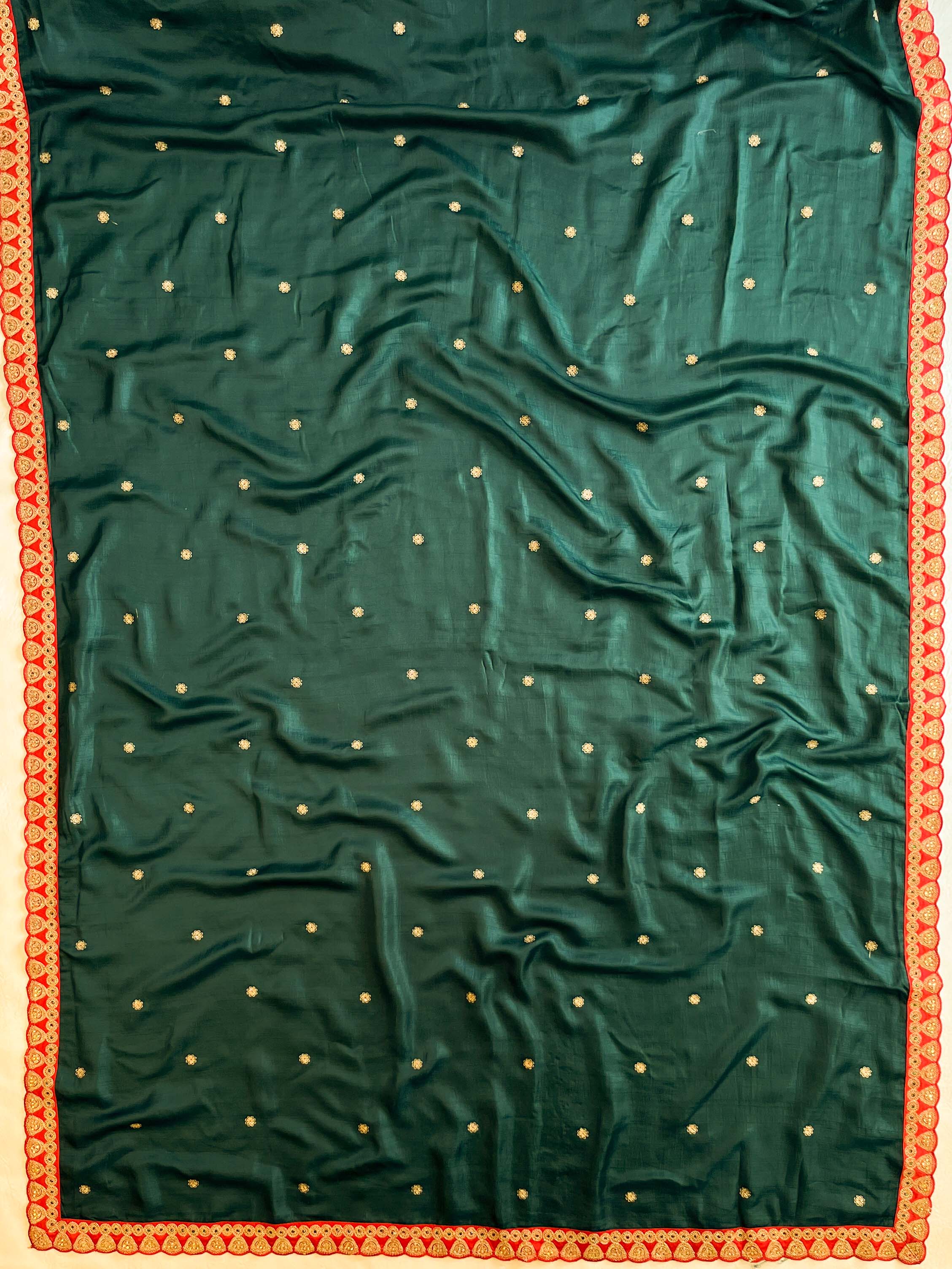 Banarasee Raw Silk Saree With Embroidered Motif Border & Silk Blouse-Green