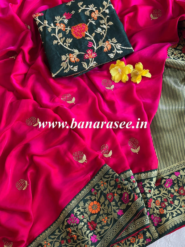 Banarasee Handwoven  Semi-Katan Zari Buta & Border With Contrast Embroidered Blouse-Pink