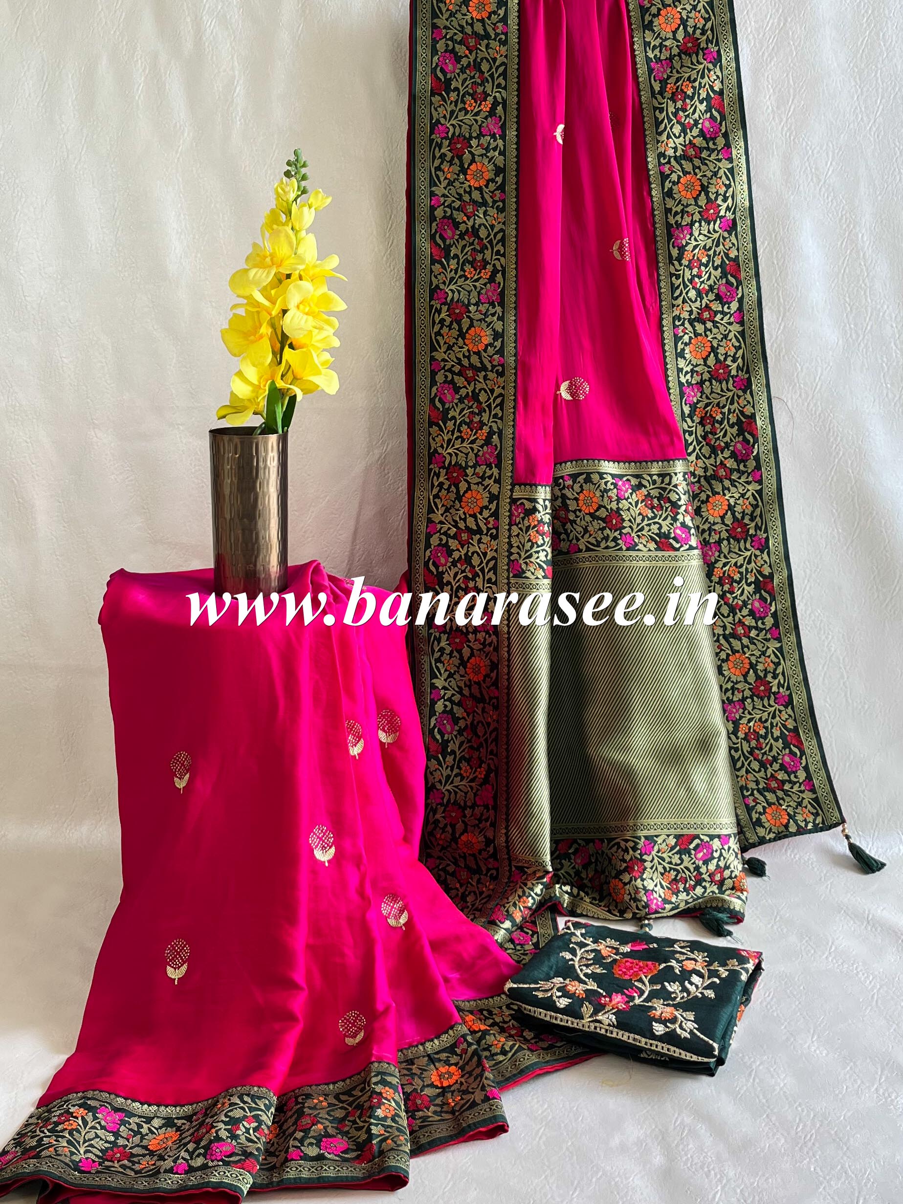 Banarasee Handwoven  Semi-Katan Zari Buta & Border With Contrast Embroidered Blouse-Pink