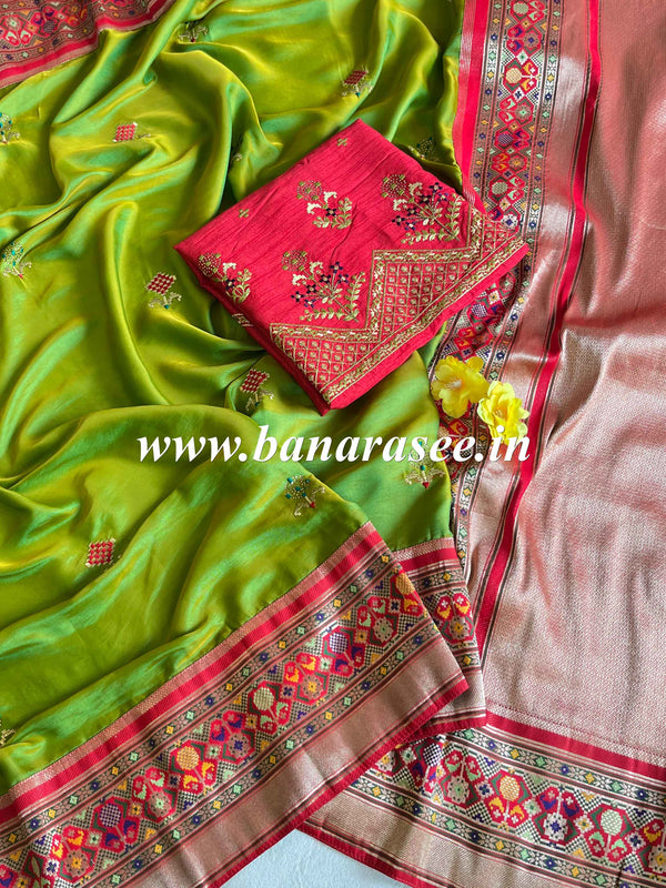 Banarasee Handwoven Semi-Katan Zari Buta & Border With Contrast Embroidered Blouse Saree-Green
