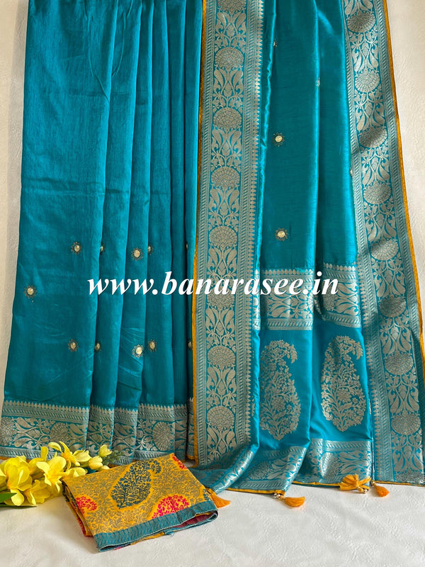 Banarasee Handwoven Semi-Katan Zari Buta & Border With Contrast Embroidered Blouse Saree-Blue