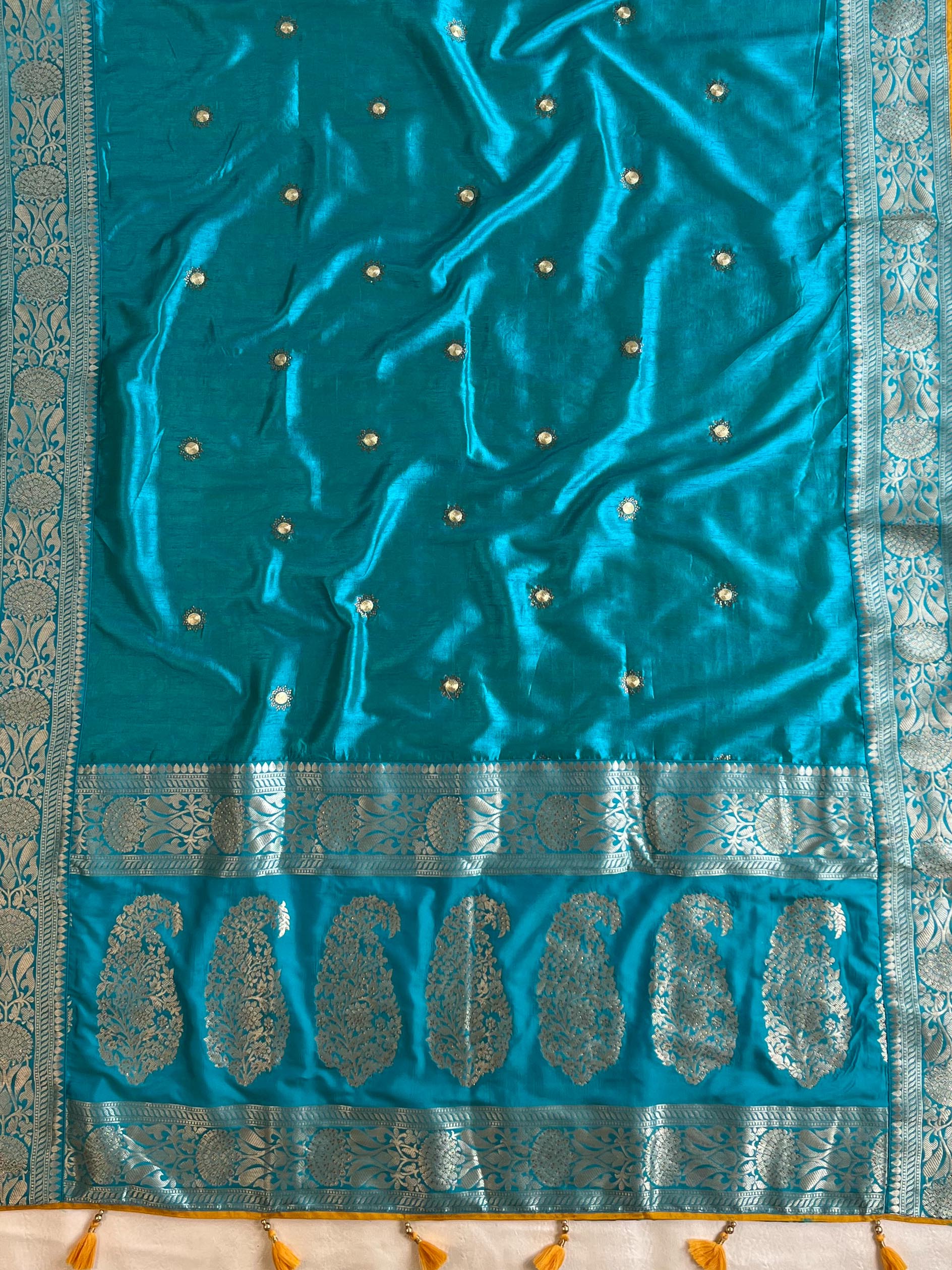 Banarasee Handwoven Semi-Katan Zari Buta & Border With Contrast Embroidered Blouse Saree-Blue