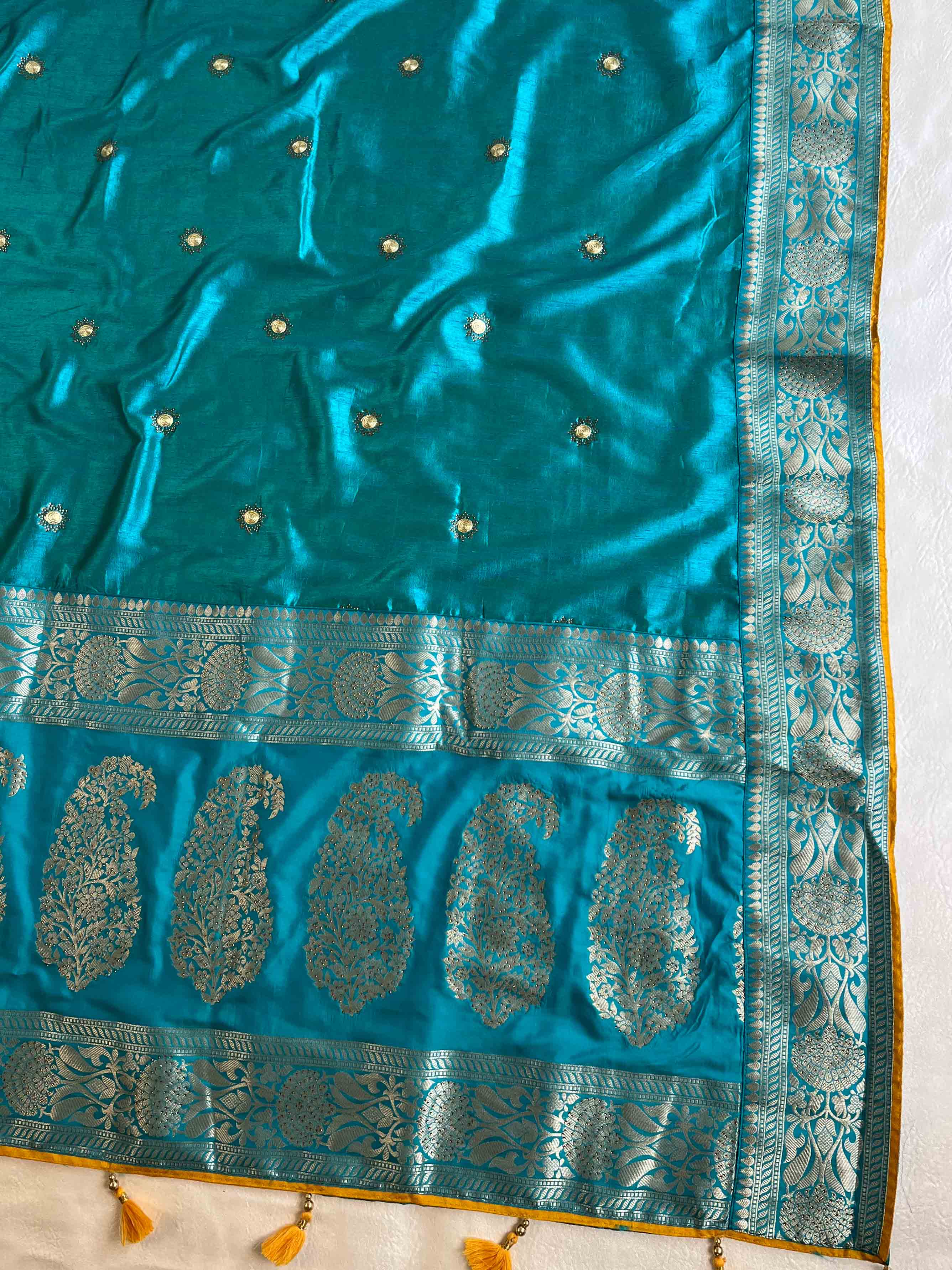 Banarasee Handwoven Semi-Katan Zari Buta & Border With Contrast Embroidered Blouse Saree-Blue