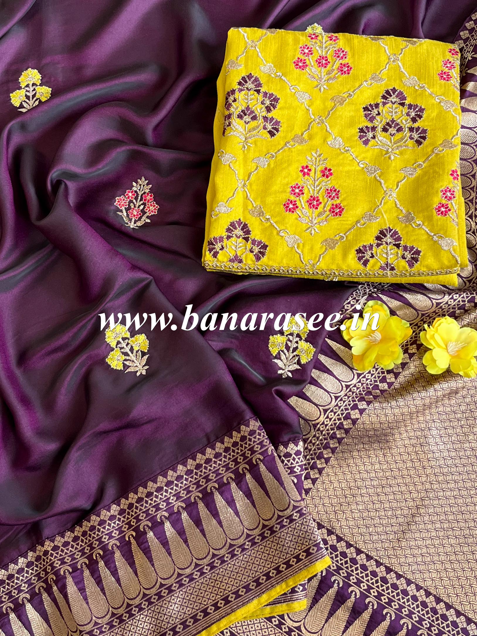 Banarasee Handwoven Semi-Katan Zari Buta & Border With Contrast Embroidered Blouse Saree-Wine