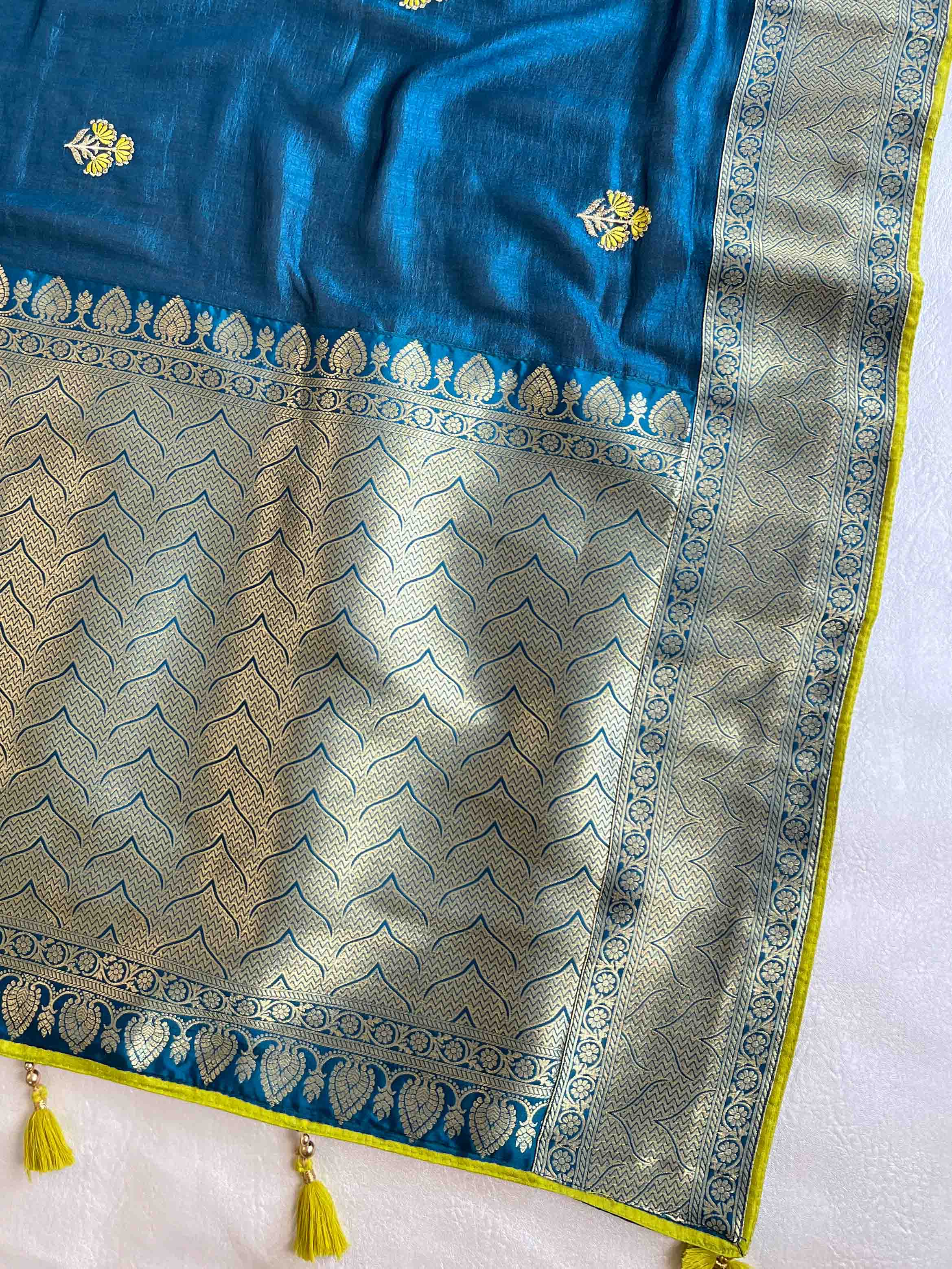 Banarasee Handwoven  Semi-Katan Zari Buta & Border With Contrast Embroidered Blouse Saree-Rama Green