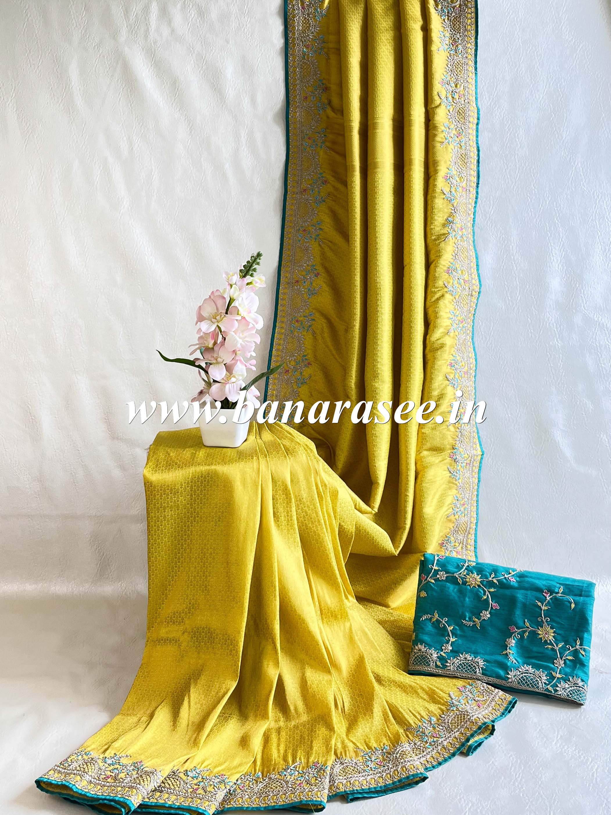 Banarasee Soft Silk Self weaving Saree With Embroidered Border & Contrast Embroidered Blouse-Yellow