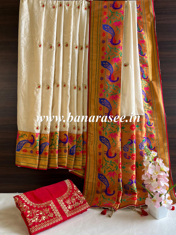 Banarasee Handwoven  Semi-Katan Zari Buta & Border With Contrast Embroidered Blouse Paithani Saree-off White