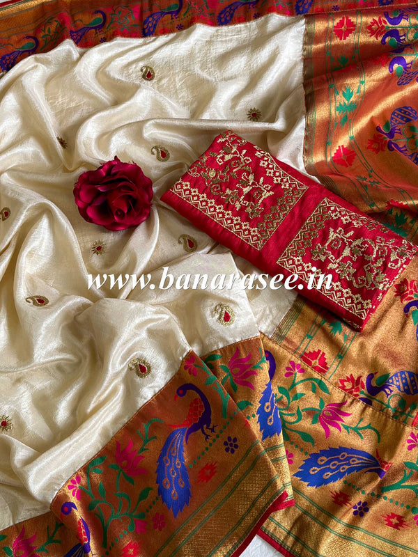 Banarasee Handwoven  Semi-Katan Zari Buta & Border With Contrast Embroidered Blouse Paithani Saree-off White