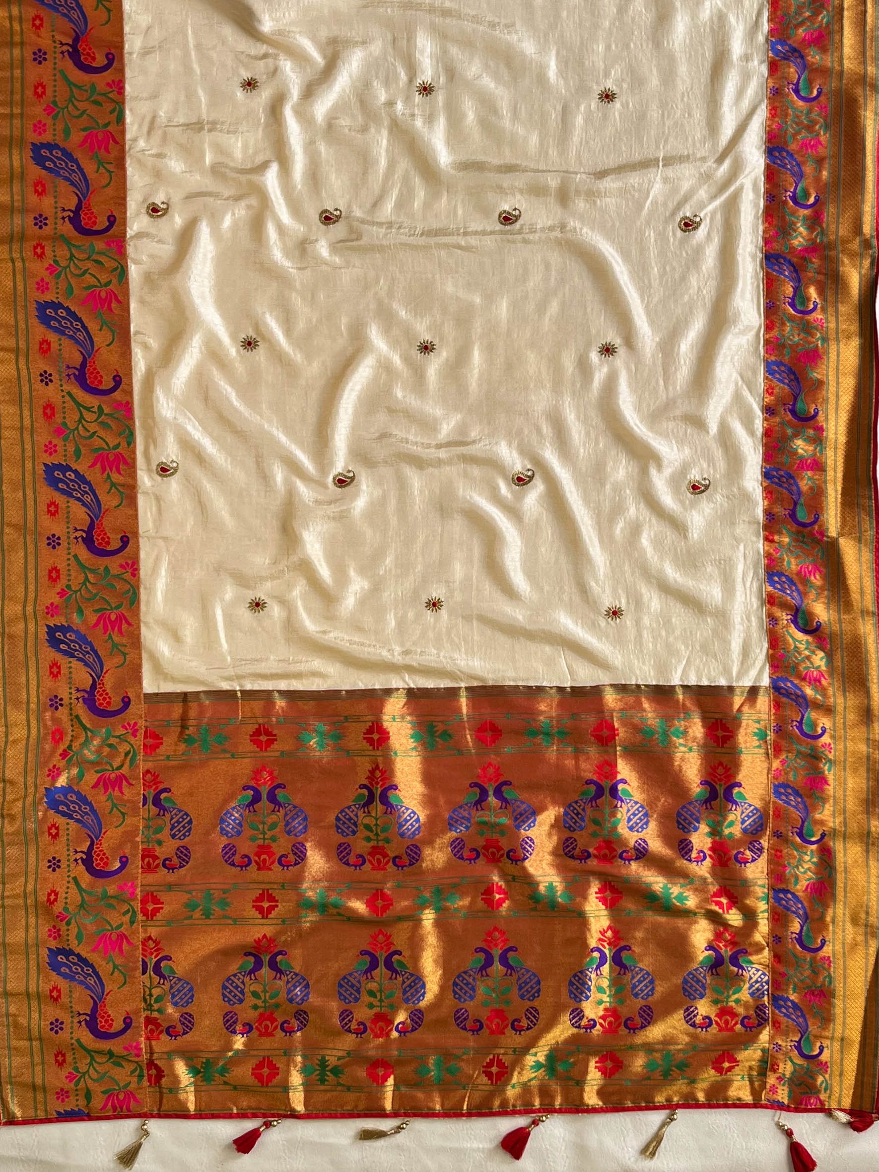 Banarasee Handwoven  Semi-Katan Zari Buta & Border With Contrast Embroidered Blouse Paithani Saree-off White