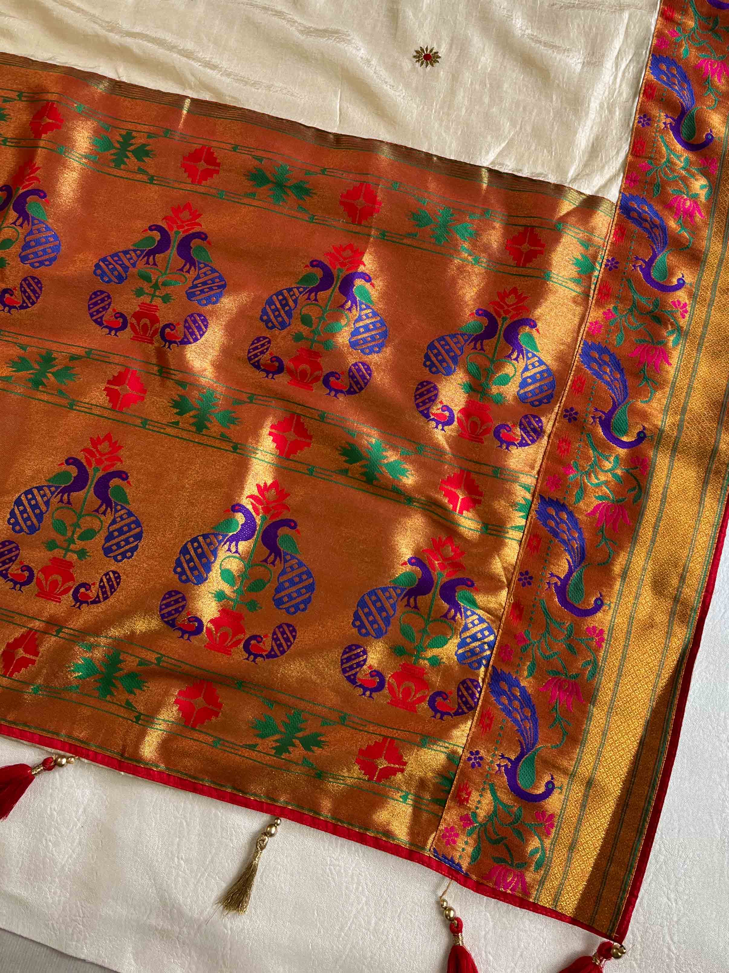 Banarasee Handwoven  Semi-Katan Zari Buta & Border With Contrast Embroidered Blouse Paithani Saree-off White