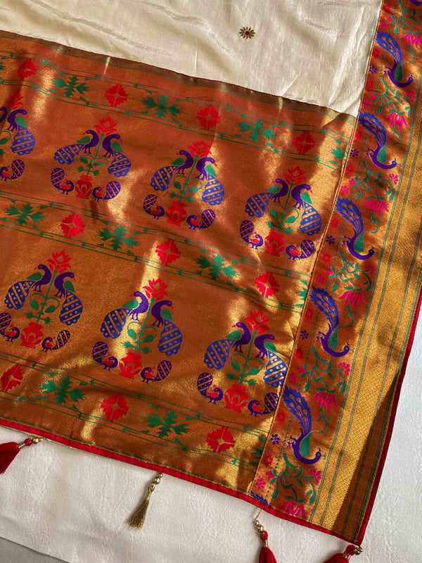 Banarasee Handwoven  Semi-Katan Zari Buta & Border With Contrast Embroidered Blouse Paithani Saree-off White