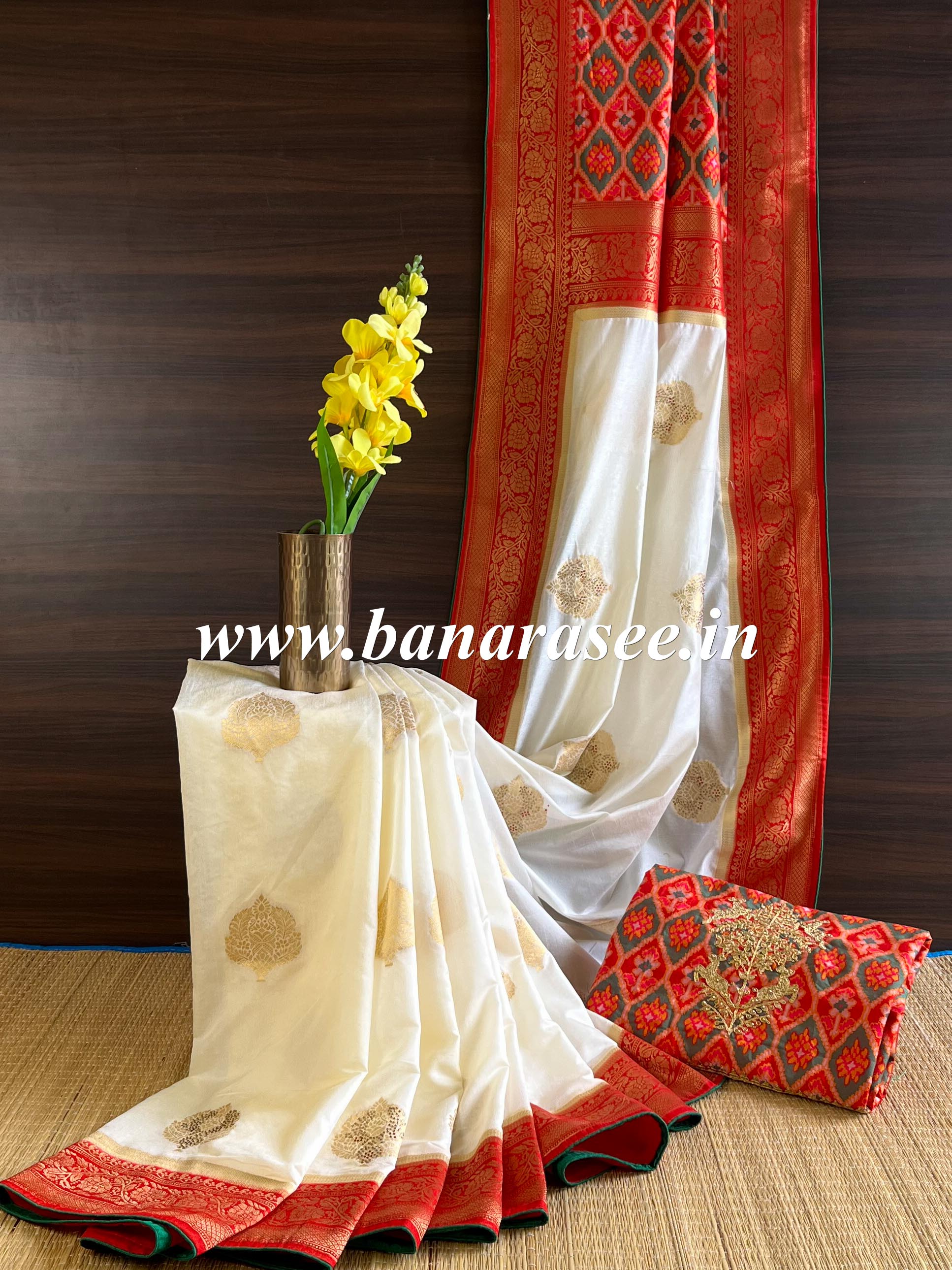Banarasee Handwoven  Semi-Katan Zari Buta & Border With Contrast Embroidered Blouse Saree-White