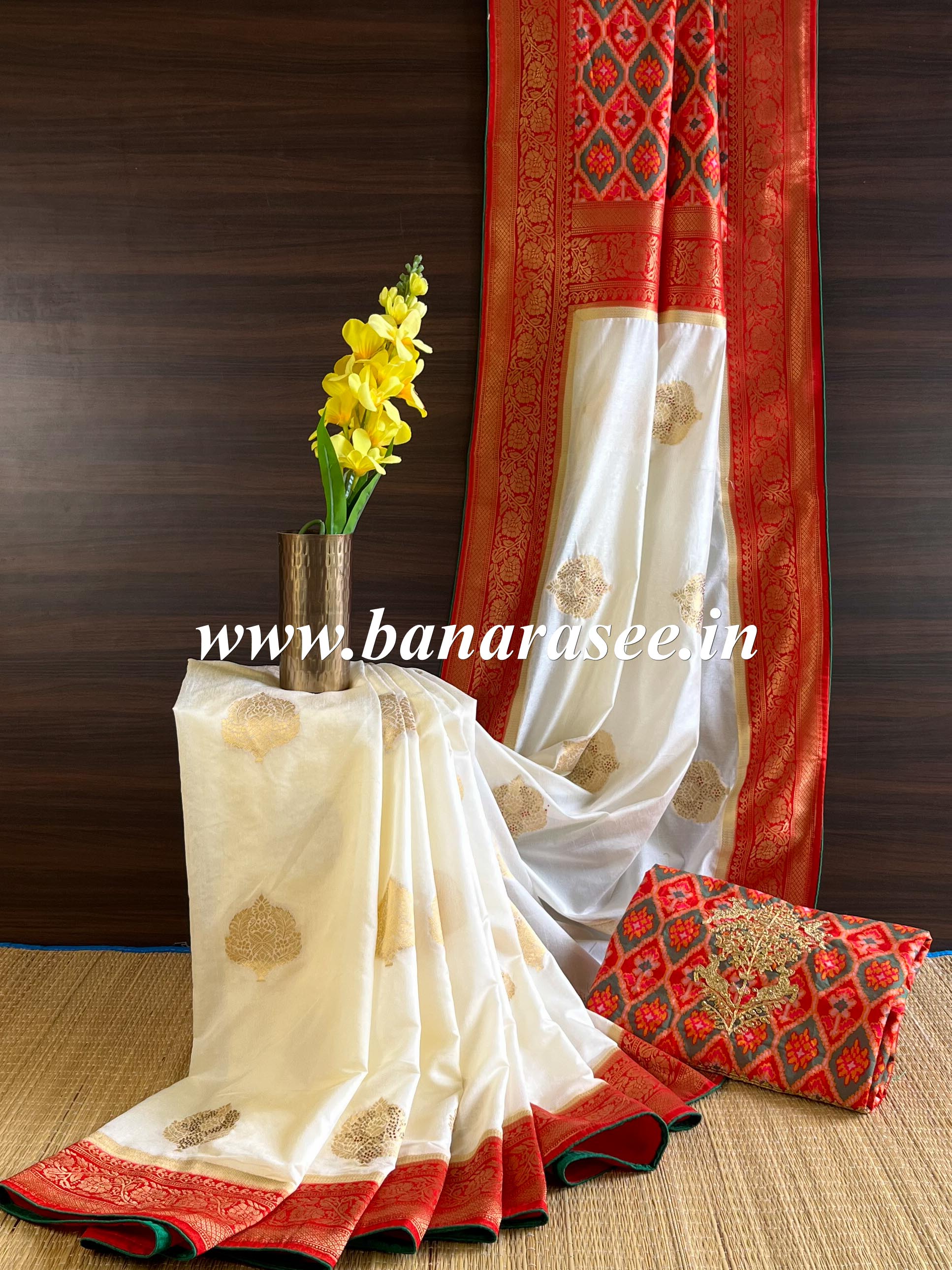 Banarasee Handwoven  Semi-Katan Zari Buta & Border With Contrast Embroidered Blouse Saree-White