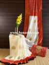 Banarasee Handwoven  Semi-Katan Zari Buta & Border With Contrast Embroidered Blouse Saree-White