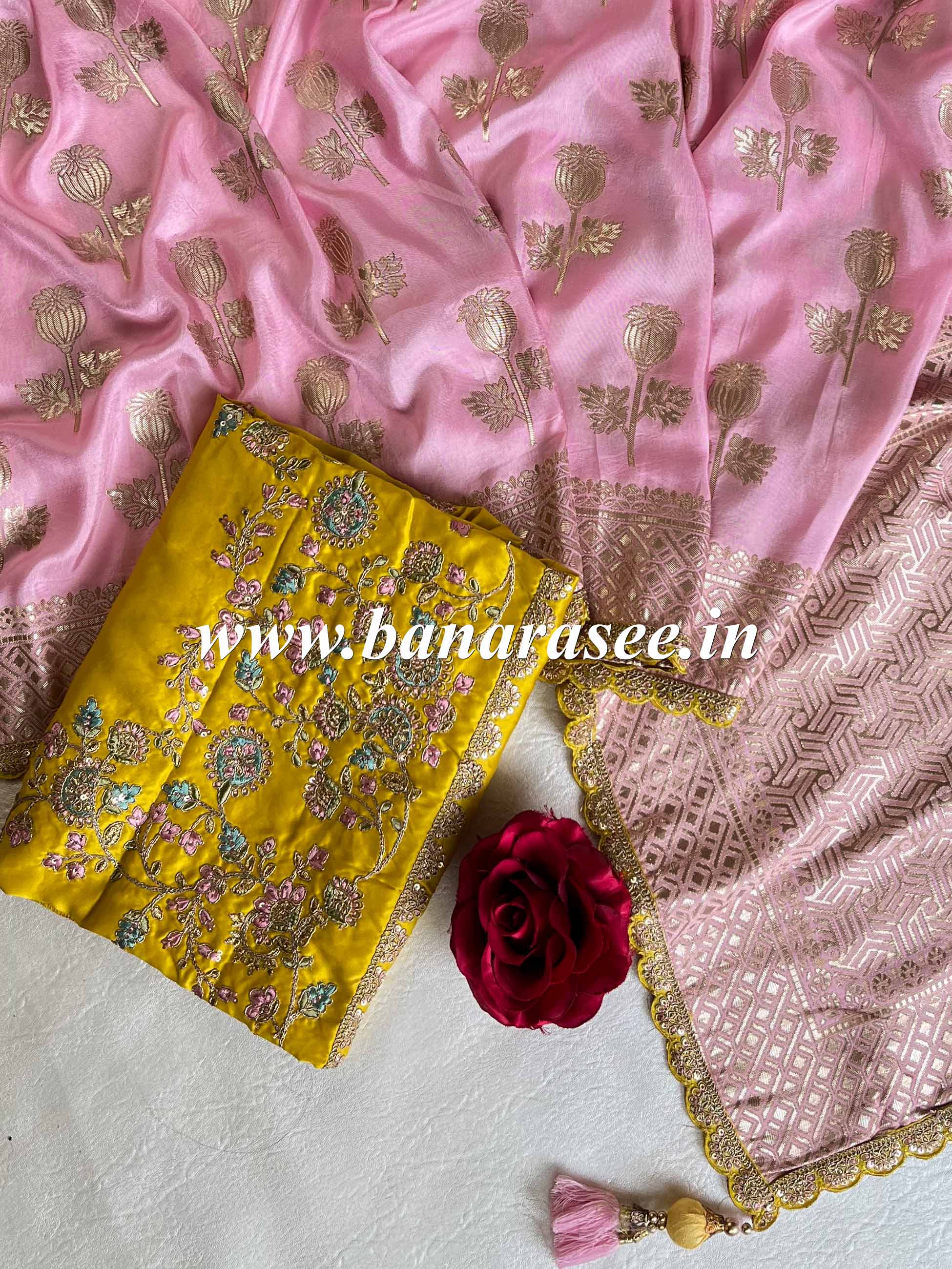 Banarasee Handwoven Semi-Katan Zari Buta & Border Contrast Embroidered Blouse Saree-Pink