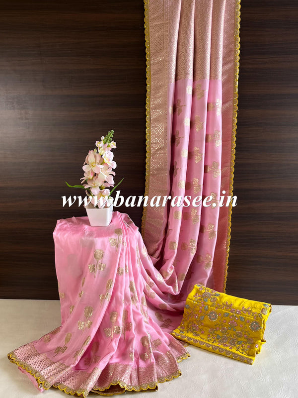 Banarasee Handwoven Semi-Katan Zari Buta & Border Contrast Embroidered Blouse Saree-Pink