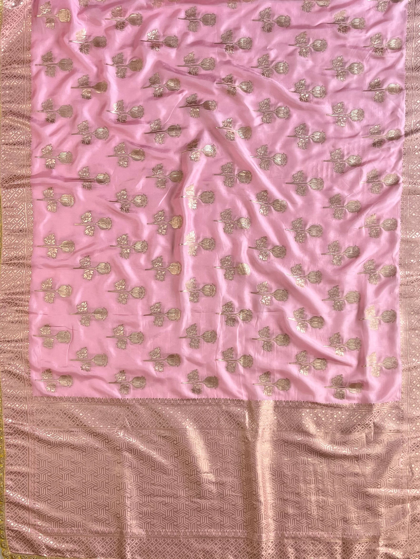 Banarasee Handwoven Semi-Katan Zari Buta & Border Contrast Embroidered Blouse Saree-Pink