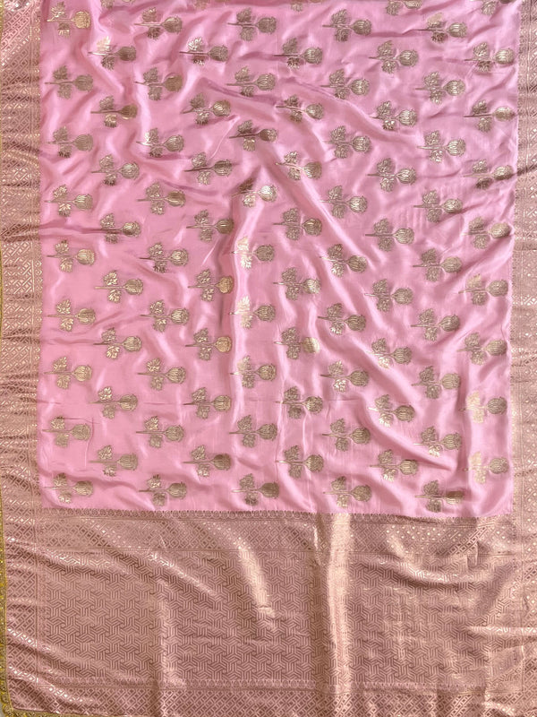 Banarasee Handwoven Semi-Katan Zari Buta & Border Contrast Embroidered Blouse Saree-Pink