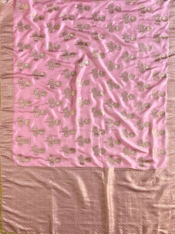 Banarasee Handwoven Semi-Katan Zari Buta & Border Contrast Embroidered Blouse Saree-Pink