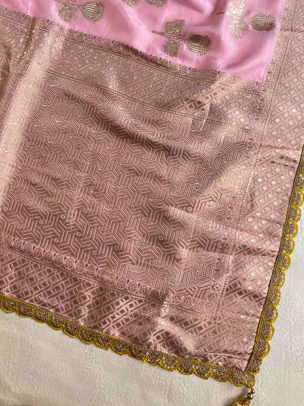 Banarasee Handwoven Semi-Katan Zari Buta & Border Contrast Embroidered Blouse Saree-Pink